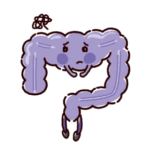 弱った大腸のキャラクターイラスト（不健康な臓器）