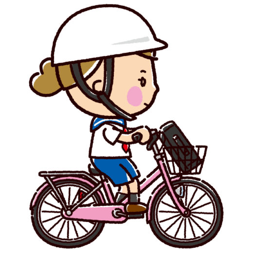 自転車に乗る女子学生のイラスト（ヘルメット有無）（2カット）