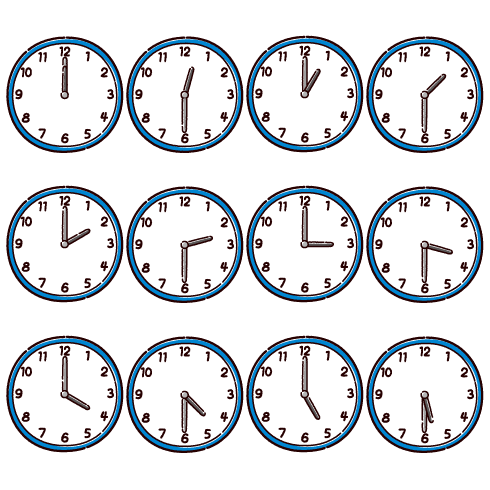 時計のイラスト（0時〜5時半）（12カット）