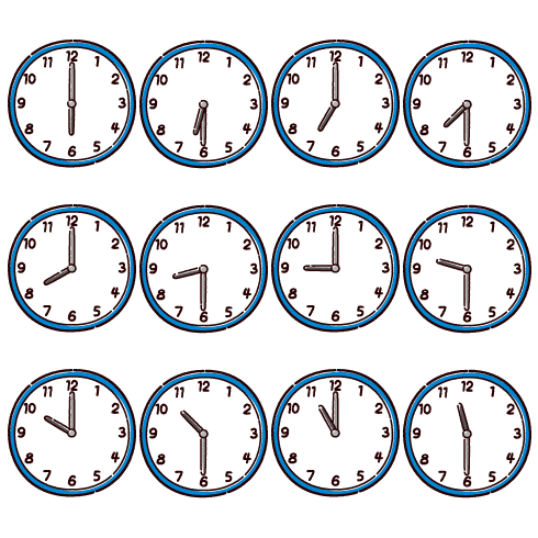 時計のイラスト（6時〜11時半）（12カット）
