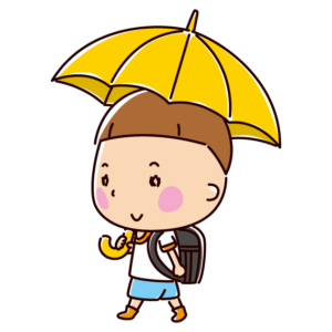 傘をさして歩く小学生のイラスト（男の子）