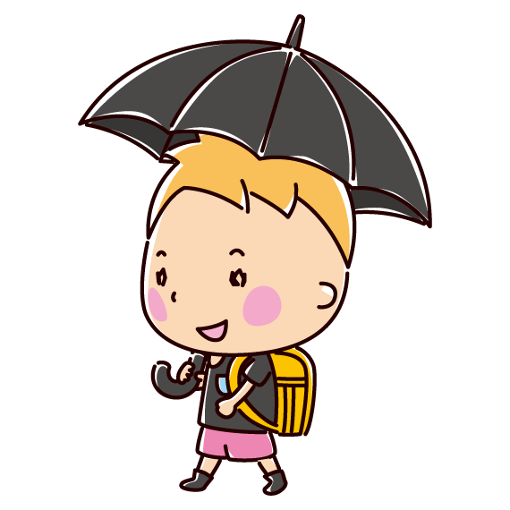傘をさして歩く小学生のイラスト 男の子 2カット イラストくん