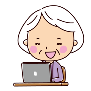 パソコンと笑顔の老人のイラスト（おばあさん）