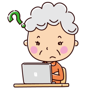 パソコンと疑問の表情のイラスト（おばあさん）