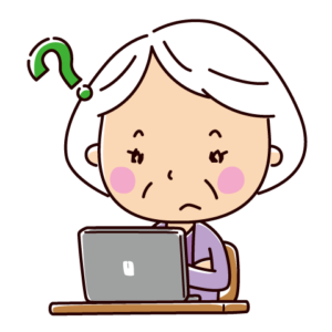 パソコンと疑問の表情のイラスト（おばあさん）