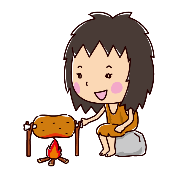 肉を焼く原始人のイラスト 料理 女性 イラストくん