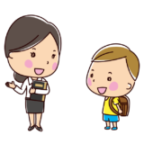 女の先生と生徒の会話のイラスト（教師と児童）